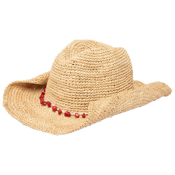 Women's Crocheted Raffia Cowboy Hat with Stone Trim - Picture 1 of 3